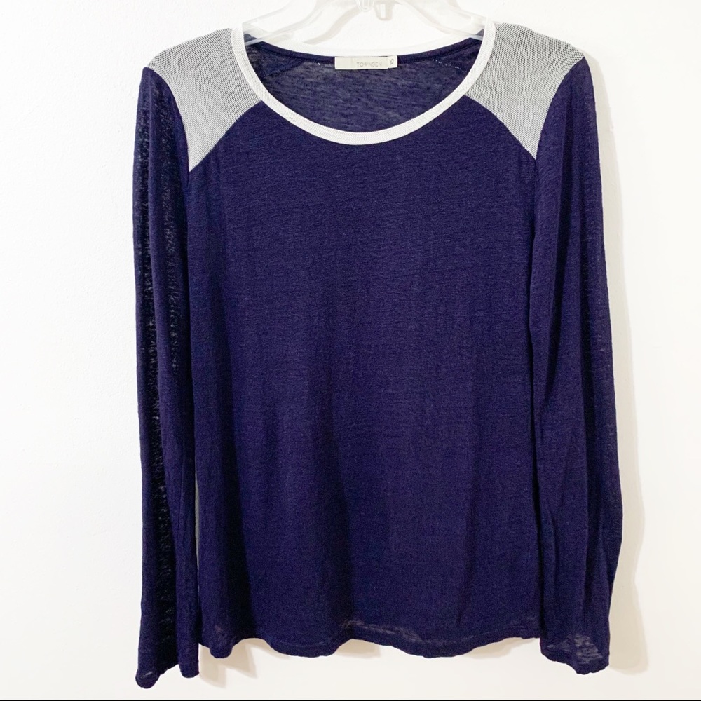 Townsen 100% Linen Rounded Neck Long Sleeve Top with Cotton Mesh Detailing